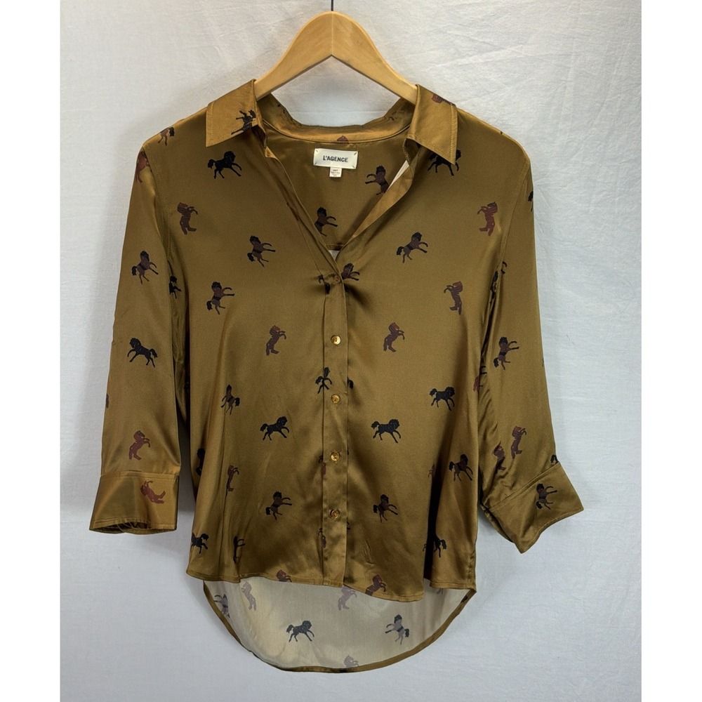 L'AGENCE Brown Horse Equestrian Print 100% Silk Blouse XS Luxury office